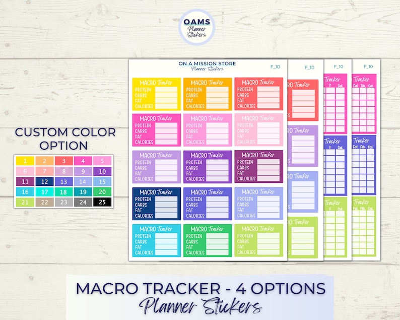 May include: A set of 25 colorful planner stickers for tracking macros. The stickers are organized in a grid with numbers 1-25. Each sticker has a section for protein, carbs, fat, and calories. The stickers are in various colors, including yellow, pink, purple, blue, and green.