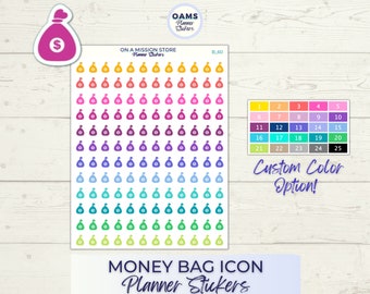 May include: A sheet of 25 colourful money bag planner stickers. The stickers are arranged in a grid with a variety of colours, including red, orange, yellow, green, blue, purple, and pink. The stickers are labelled with numbers 1 through 25. The text "Custom Color Option!" is below the grid of stickers.
