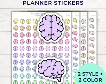 May include: A sheet of planner stickers featuring two styles of brain illustrations. The stickers are in two color options: pastel pink, blue, green, and yellow. The text on the sheet reads "Brain Planner Stickers" and "2 Style + 2 Color Options".