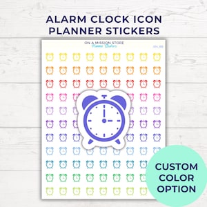 Könnte beinhalten: Blatt mit Planer-Aufklebern mit Wecker-Symbolen in verschiedenen Farben, darunter Gelb, Orange, Rot, Rosa, Lila, Blau und Grün. Der Text lautet "ALARM CLOCK ICON PLANNER STICKERS" und "CUSTOM COLOR OPTION".