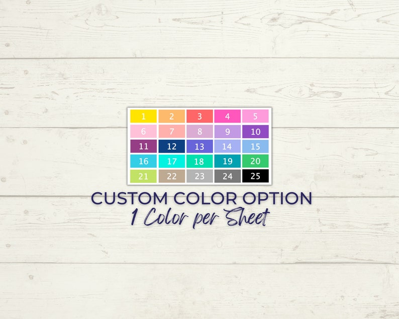 May include: A color chart with 25 different color swatches. The swatches are numbered 1 through 25. The text "CUSTOM COLOR OPTION 1 Color per Sheet" is below the chart.