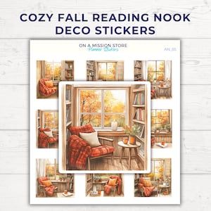 Gezellige herfst leeshoek stickervel, leesgrage sticker, leeshoekstickers, boekenplank, minimalistische hygge Cottagecore, boekenliefhebber cadeau