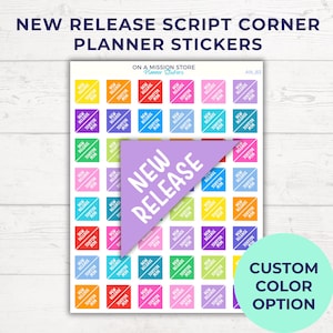 May include: A sheet of planner stickers featuring the text "NEW RELEASE" in various colours. The stickers are square with a diagonal banner design. A large purple triangle with "NEW RELEASE" is in the foreground. The text "CUSTOM COLOR OPTION" is also visible.