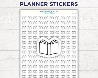 May include: Sheet of planner stickers featuring tiny book icons. The stickers are black and white, with a large open book icon in the center. The text "TINY BOOK ICON PLANNER STICKERS" is at the top.