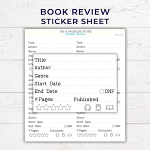 Könnte beinhalten: Ein weißes Stickerbogen mit dem Text "BOOK REVIEW STICKER SHEET" oben. Das Blatt enthält Abschnitte für Titel, Autor, Genre, Start- und Enddaten sowie Seitenzahlen. Es gibt auch Sterne für die Bewertung und Symbole für veröffentlichte Formate.