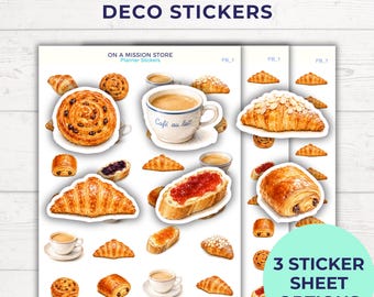 Pegatinas de panadería francesa para agenda, croissant en acuarela y decoración de diario de cafetería