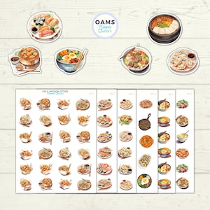 Asiatisches Essen Aufkleber, japanische Ramen, koreanisches Kimbap, chinesisches Hausmannskost, Sushi-Liebhaber, Foodie Geschenk, Knödel, Kimchi, Food Art, Bibimbap