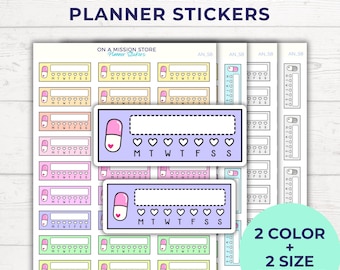 May include: Colorful medication tracker planner stickers with pill and heart icons. The stickers include space for daily tracking, with the days of the week labeled. The text "MEDICATION TRACKER PLANNER STICKERS" is at the top.