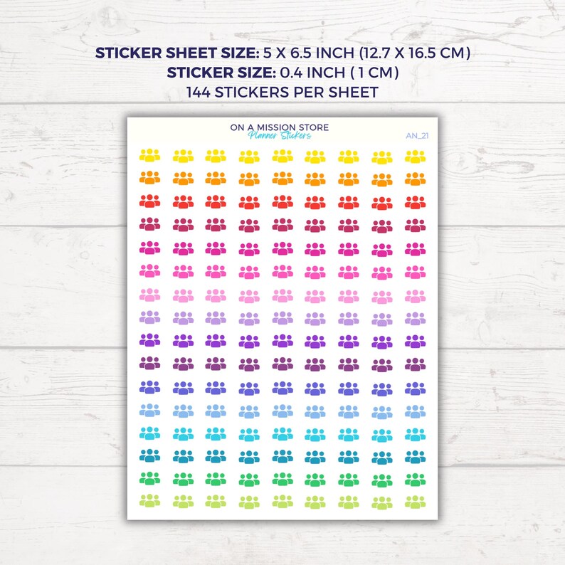 May include: A sheet of 144 colorful group of people stickers. Each sticker is 0.4 inches (1 cm) in size. The sticker sheet is 5 x 6.5 inches (12.7 x 16.5 cm).
