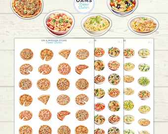 May include: A set of 36 planner stickers featuring various food items, including pizza, pasta, and salad. The stickers are designed in a watercolor style and are perfect for adding a touch of whimsy to your planner.