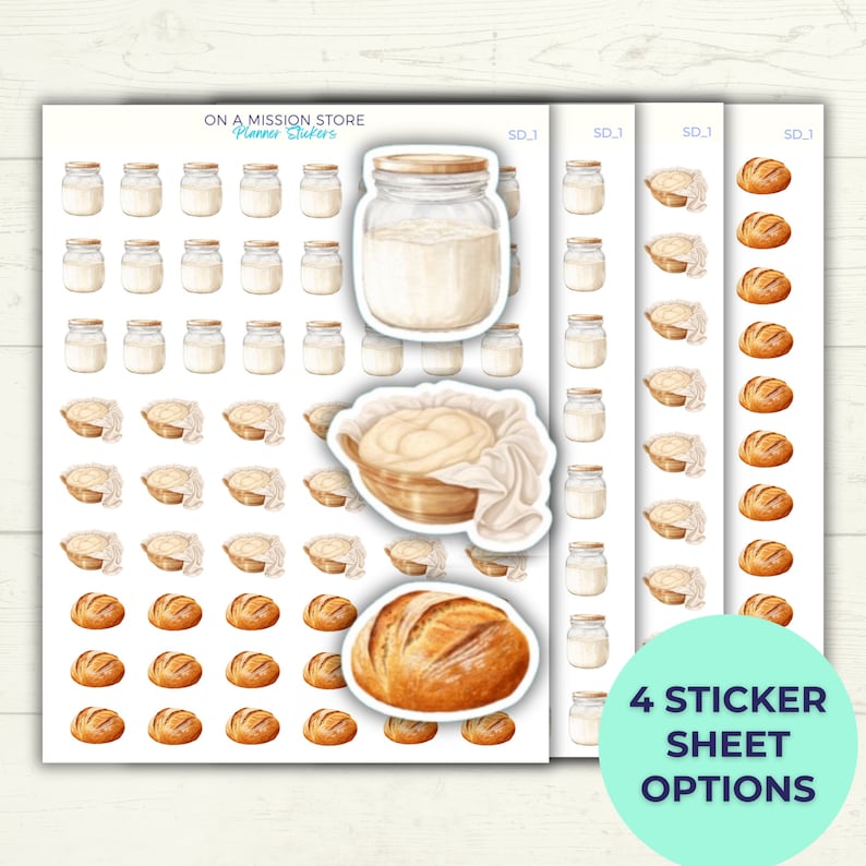 May include: Four sticker sheet options for a baking themed planner. The sheets feature illustrations of jars of sourdough starter, bowls of dough, and loaves of bread.