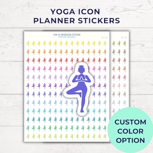 May include: A sheet of yoga icon planner stickers in various colours. The sheet features a large purple yoga pose icon and many smaller yoga pose icons in various colours. Text on the sheet reads "YOGA ICON PLANNER STICKERS" and "CUSTOM COLOR OPTION."