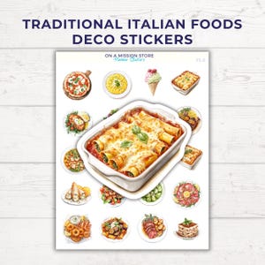 Hoja de pegatinas de comida italiana: pizza, pasta, tiramisú, panna cotta, lasaña, comida estética, planificación de comidas, regalo para amantes de la gastronomía, pegatinas decorativas