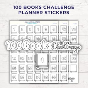 Puede incluir: Una hoja de pegatinas para planificador con el texto "100 Books Challenge Planner Stickers". Las pegatinas son blancas con contornos negros de libros y números. Las palabras "100 Books Challenge" están en cursiva.