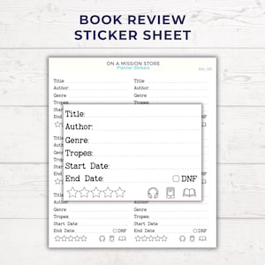 Peut inclure: Une planche d'autocollants blanche avec du texte noir pour les critiques de livres. La mise en page comprend des champs pour le titre, l'auteur, le genre, les tropes, la date de début et de fin. Inclut une case DNF, cinq étoiles et des icônes.