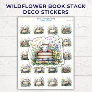 Hoja de pegatinas de prado de flores silvestres con libros, estilo cottagecore, ambiente literario veraniego, pila de libros florales, libros y café, amante de la lectura en la naturaleza