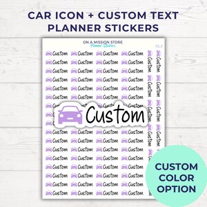 以下が含まれることがあります： 車のアイコンと「Custom」の文字が入ったプランナーステッカーのシート。ステッカーは薄紫色で、上部に「CAR ICON + CUSTOM TEXT PLANNER STICKERS」の文字が入っています。カスタムカラーオプションも利用可能です。