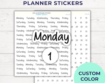 Days of the Week Planner Stickers – Date Dots, Custom Colors