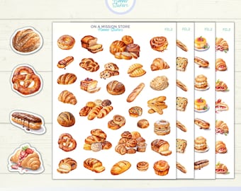 May include: A sheet of planner stickers featuring watercolor illustrations of various breads, pastries, and croissants. The stickers are labeled "Bread | Bakery | Pastry | Croissant Deco Stickers".