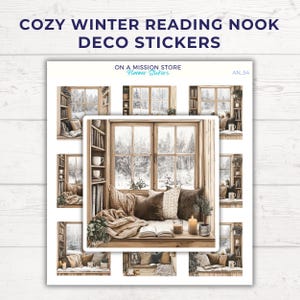 Foglio di adesivi per angolo lettura invernale accogliente, adesivo per libri, adesivi per angolo lettura, scaffale per libri, hygge nordico minimalista, regalo per amanti dei libri