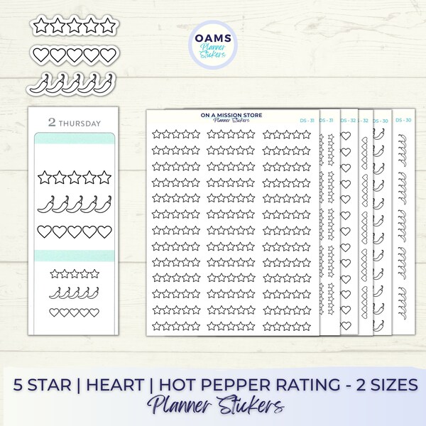 Five Star Rating Planner Stickers, Heart Rating Stickers, Book Journal, Book Rating, Planner Stickers, Spice Rating Stickers, Chili Rating