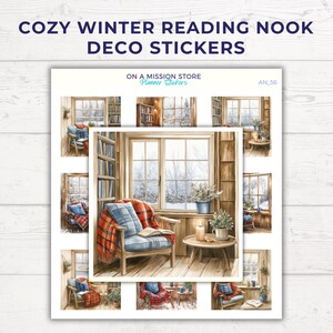 Foglio di adesivi per angolo lettura invernale accogliente, adesivo per libri, adesivi per angolo lettura, scaffale per libri, hygge nordico, regalo per amanti dei libri