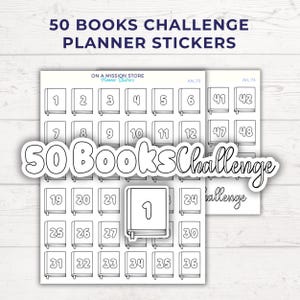 Könnte beinhalten: Weiße Planer-Aufkleber mit Buchmotiv. Die Aufkleber zeigen ein Raster mit nummerierten Buchsymbolen, mit dem Text "50 Books Challenge" und "Planner Stickers". Für die Verwendung in Planern konzipiert.