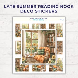 Hoja de pegatinas para el rincón de lectura de finales de verano, pegatinas para amantes de los libros, pegatinas para el rincón de lectura, estantería, estilo cottagecore de girasol, regalo para amantes de los libros