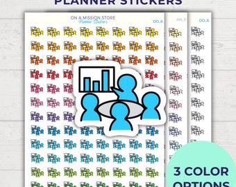 May include: A sheet of planner stickers featuring a meeting icon with a graph and four people around a table. The stickers are available in three color options: blue, green, and orange.