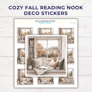Foglio di adesivi per angolo lettura autunnale accogliente, adesivo per libri, adesivi per angolo lettura, libreria, stile cottage Hygge minimalista, regalo per amanti dei libri