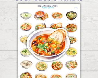May include: A set of 16 watercolour soup stickers featuring various types of soup in bowls. The stickers are perfect for adding a touch of whimsy to planners, journals, and other paper crafts.