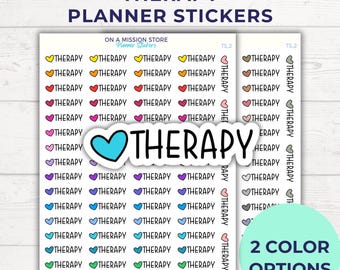 May include: Two sheets of planner stickers with the word "THERAPY" in a variety of colors and fonts. The stickers feature hearts and the word "THERAPY" in a large, bold font. The text "2 COLOR OPTIONS" is also visible on the image.