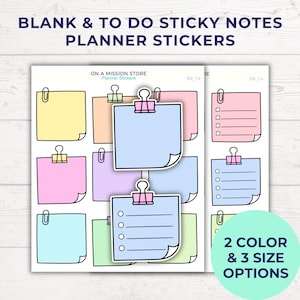 Peut inclure: Feuille d'autocollants de planificateur avec des notes autocollantes vierges et des tâches à faire, de différentes couleurs pastel. Chaque note est fixée avec une pince à papier. Le texte en haut indique "BLANK & TO DO STICKY NOTES PLANNER STICKERS". 2 couleurs et 3 tailles sont proposées.