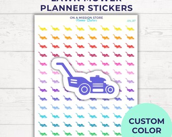 May include: Sheet of planner stickers featuring lawn mowers in a rainbow of colors. The text "LAWN MOWER PLANNER STICKERS" is at the top. A large purple lawn mower sticker is in the center. The text "CUSTOM COLOR OPTION" is in a circle.