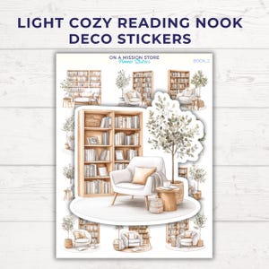 Feuille d'autocollants pour coin lecture, coin lecture minimaliste confortable, L'heure de la lecture, autocollants déco, ambiance cosy, cadeau pour les amoureux des livres