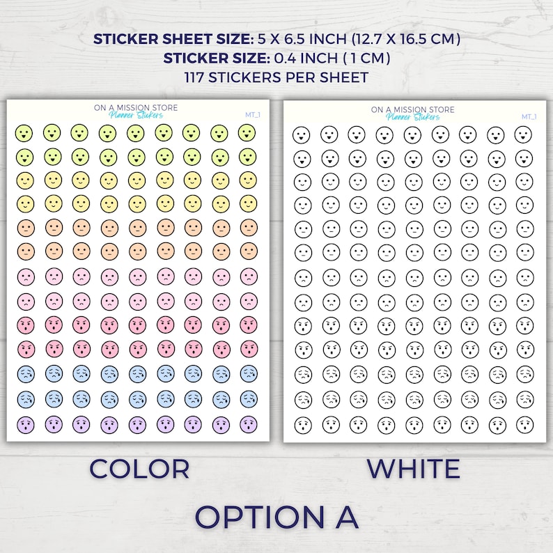 May include: A sheet of 117 colorful and white smiley face stickers, each measuring 0.4 inches (1 cm) in diameter. The sheet is 5 inches by 6.5 inches (12.7 cm by 16.5 cm). The text "ON A MISSION STORE Planner Stickers" is printed at the top of the sheet.
