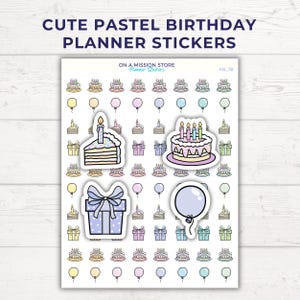 Birthday Reminder Stickers – Cute Planner Sheet with Pastel Balloons, Cake & Gifts for Marking Birthdays in Journals, Calendars and Planners