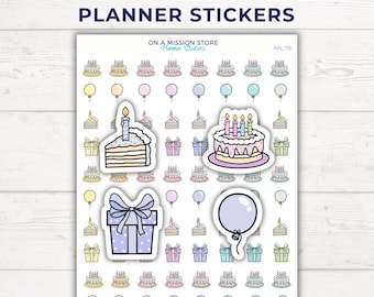 May include: Sheet of planner stickers with a birthday theme. The stickers include images of cakes, gifts, and balloons in pastel colors. Text at the top reads "CUTE PASTEL BIRTHDAY PLANNER STICKERS".