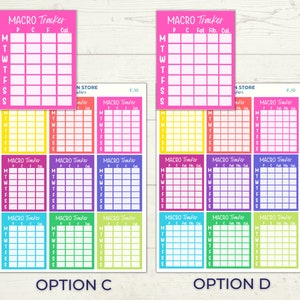 May include: A set of printable macro tracker stickers in various colors. The stickers are designed to help track protein, carbs, fat, fiber, and calories for each day of the week. The stickers are labeled "Macro Tracker" and have a grid for recording daily intake.