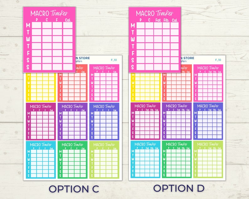 May include: A set of printable macro tracker stickers in various colors. The stickers are designed to help track protein, carbs, fat, fiber, and calories for each day of the week. The stickers are labeled "Macro Tracker" and have a grid for recording daily intake.