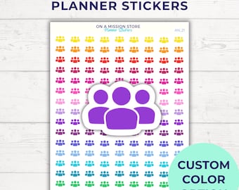 May include: A sheet of planner stickers featuring a group of people icon in purple. The sheet has a rainbow gradient of colors with a total of 100 stickers. The text "ON A MISSION STORE Planner Stickers" and "AN, 21" is at the top of the sheet. The text "CUSTOM COLOR OPTION" is at the bottom right of the sheet.