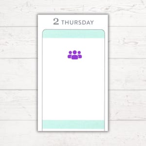 May include: A white planner page with a light blue header and a purple icon of three people. The header says "2 THURSDAY".