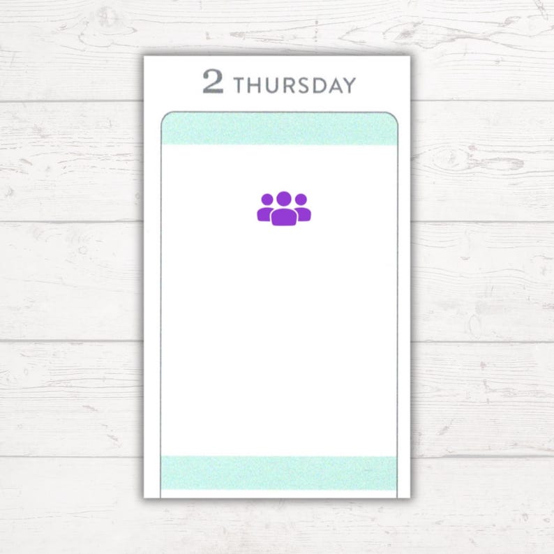 May include: A white planner page with a light blue header and a purple icon of three people. The header says "2 THURSDAY".