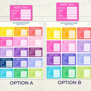 May include: Two sheets of colorful planner stickers with the text "MACRO Tracker" and fields for protein, carbs, fat, fiber, and calories. The stickers are designed for tracking food intake and are labeled "Option A" and "Option B".