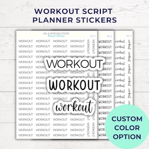 Może przedstawiać: Białe naklejki do planera ze słowem "WORKOUT" w różnych czcionkach. Naklejki są ułożone na białym tle z tekstem "WORKOUT SCRIPT PLANNER STICKERS" u góry. Dostępna jest opcja niestandardowego koloru.