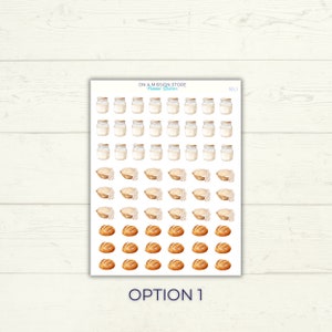 May include: A sheet of planner stickers with a watercolor design. The stickers feature jars of milk, bowls of dough, and loaves of bread. The text "ON A MISSION STORE Planner Stickers" and "SDJ" are printed on the sheet.