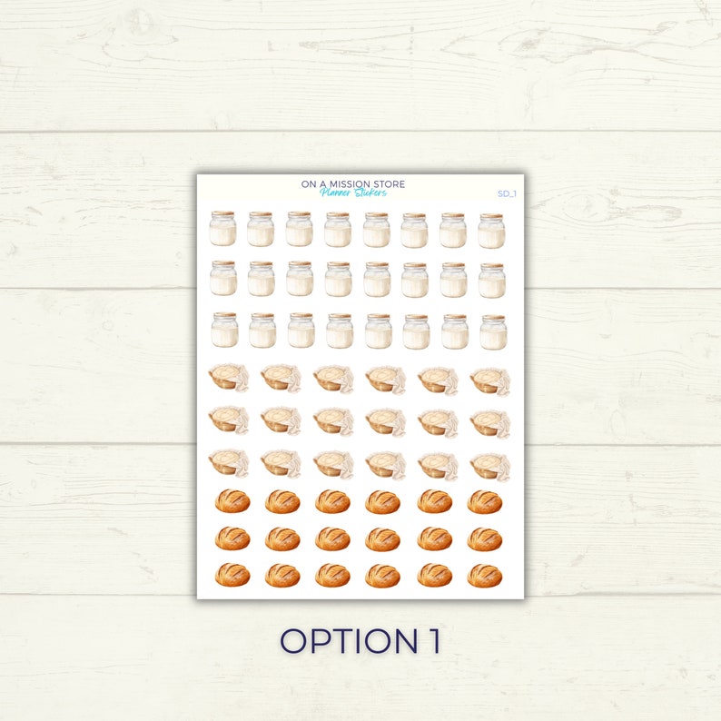 May include: A sheet of planner stickers with a watercolor design. The stickers feature jars of milk, bowls of dough, and loaves of bread. The text "ON A MISSION STORE Planner Stickers" and "SDJ" are printed on the sheet.