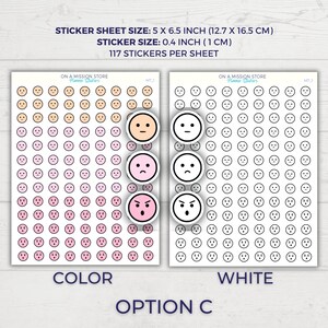 May include: A sticker sheet with 117 color and white emoji stickers. The sheet is 5 inches by 6.5 inches and each sticker is 0.4 inches. The stickers feature different facial expressions, including neutral, sad, and angry.
