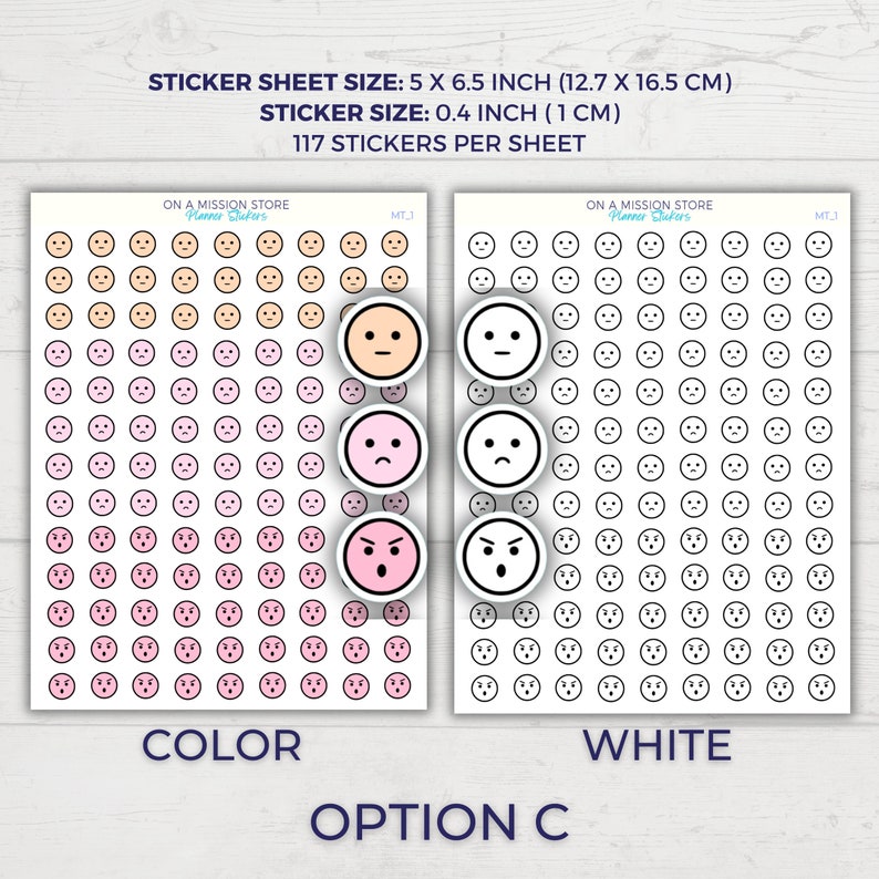 May include: A sticker sheet with 117 color and white emoji stickers. The sheet is 5 inches by 6.5 inches and each sticker is 0.4 inches. The stickers feature different facial expressions, including neutral, sad, and angry.