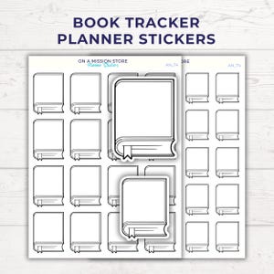 Op de afbeelding: Witte plannerstickers met een boekontwerp. De stickers hebben een lege ruimte om op te schrijven en een bladwijzer. De tekst "BOOK TRACKER PLANNER STICKERS" staat bovenaan. De stickers staan op een witte achtergrond.